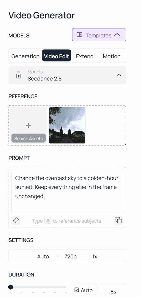 Atlas Cloud Video Edit tab with a source clip uploaded, Seedance 2.5 selected, and a sky-change instruction typed into the prompt field