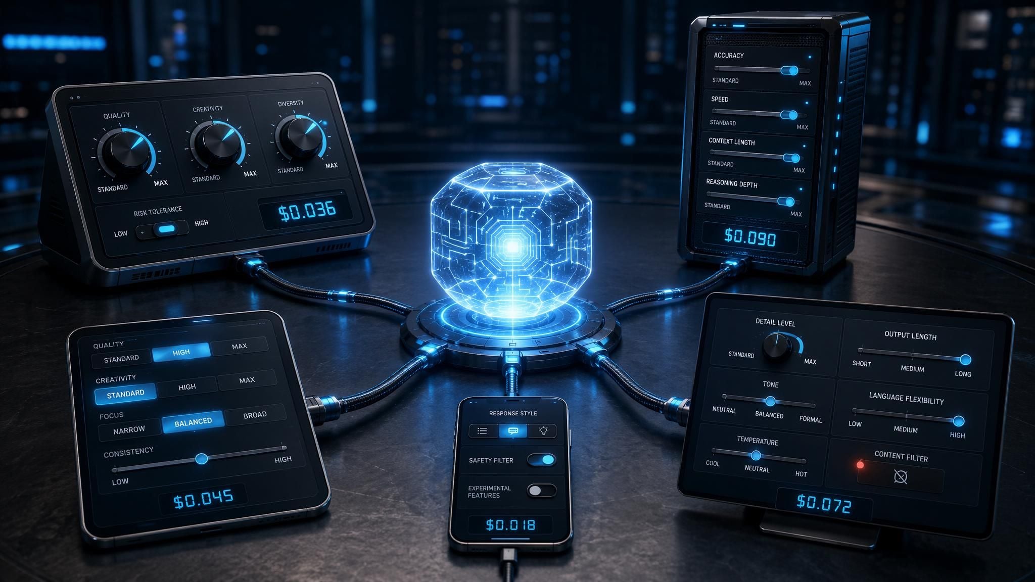 Illustration of a single AI model routed to five separate control panels with different settings on each.