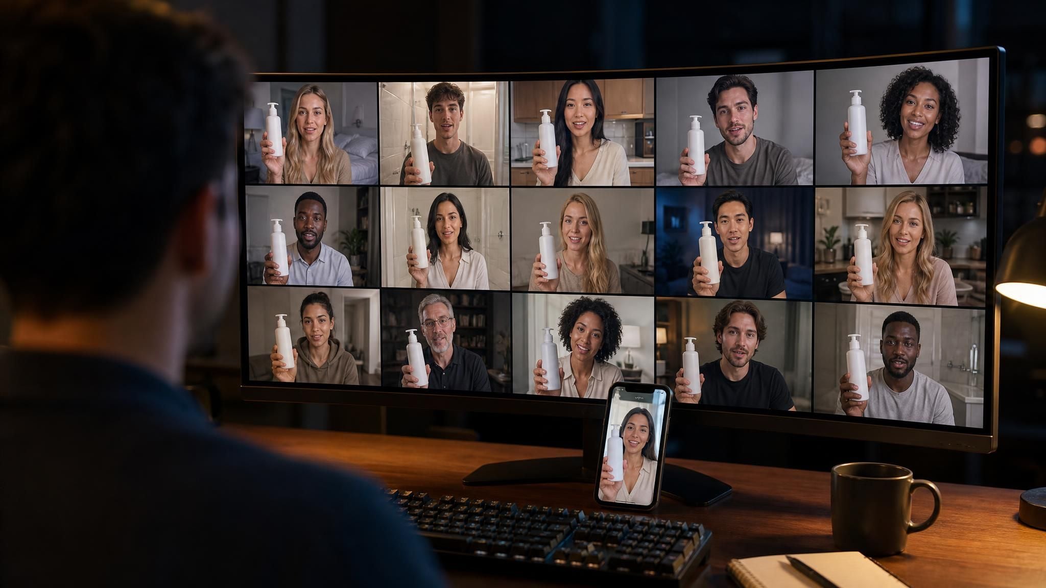 A grid of AI-generated UGC ad variants for one product on a media buyer's monitor, the result of scaling UGC ad creative production.