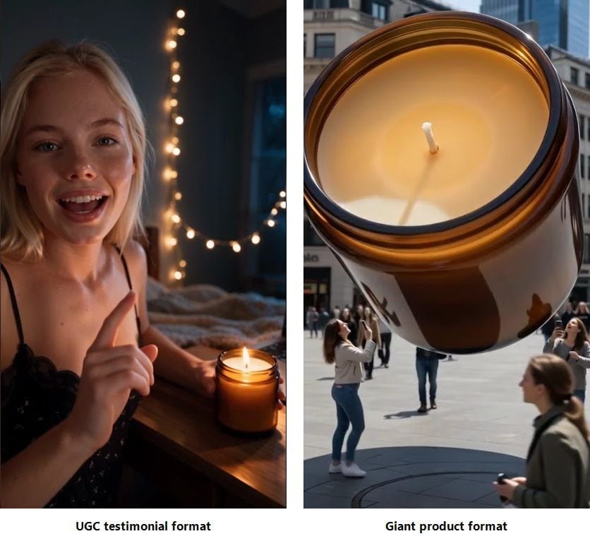 Two cells of a UGC ad matrix filled from one candle jar, a UGC testimonial variant beside a Giant product variant, shown as side-by-side video stills.
