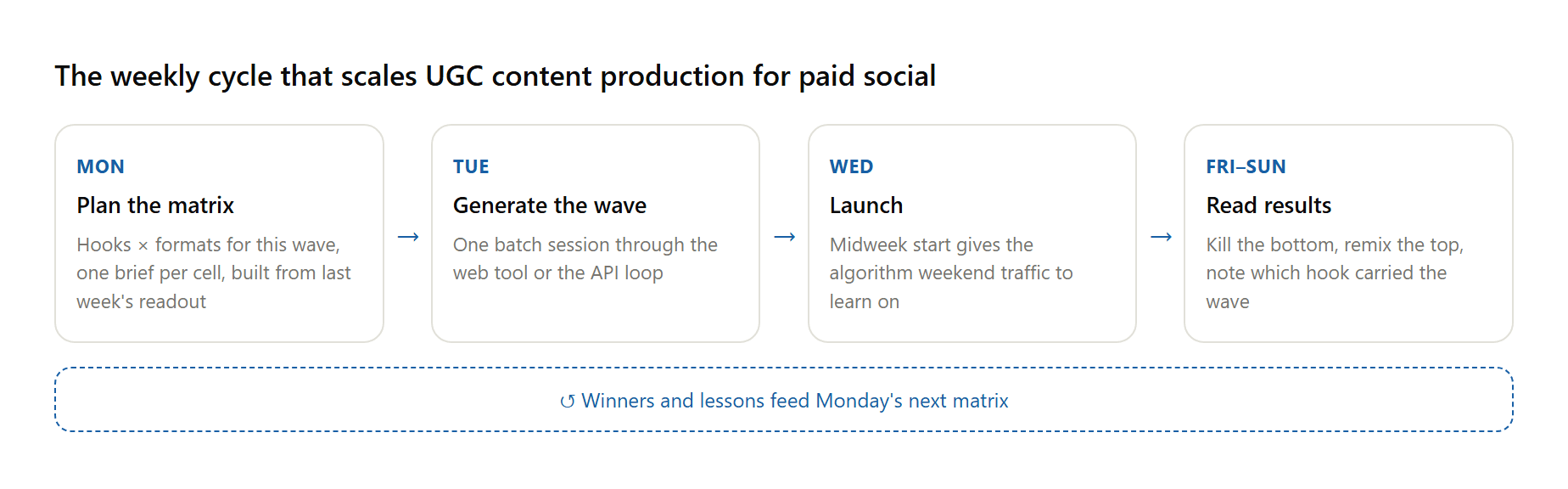 Circular weekly workflow for scaling UGC content production for paid social, from matrix planning through generation, launch, and results feeding the next wave.