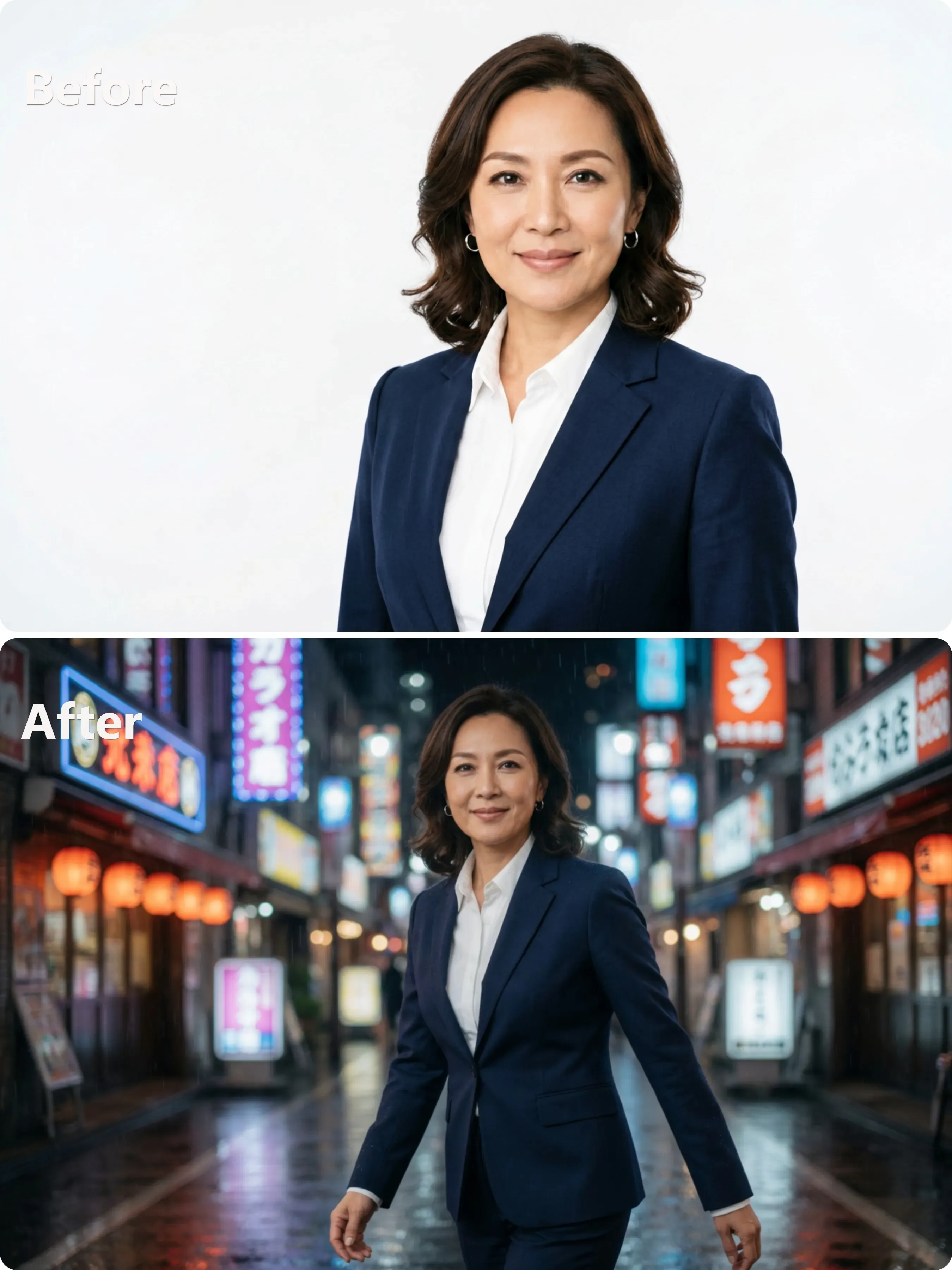 Before and after example of Grok AI image editing: transforming a plain studio portrait into a cinematic magazine cover style shot on a neon-lit Tokyo street.