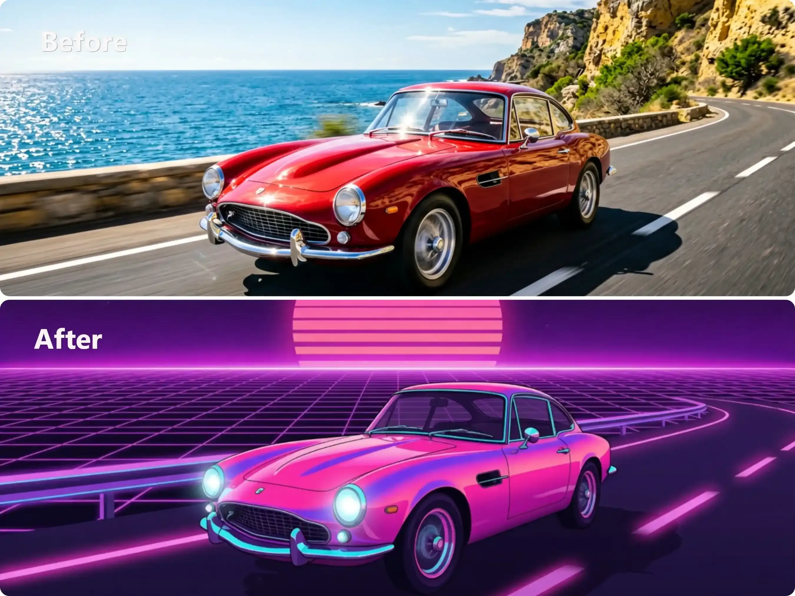 Before and after example of Grok imagine edit image prompt example: transforming a realistic red sports car photo into a 1980s retro synthwave illustration style.