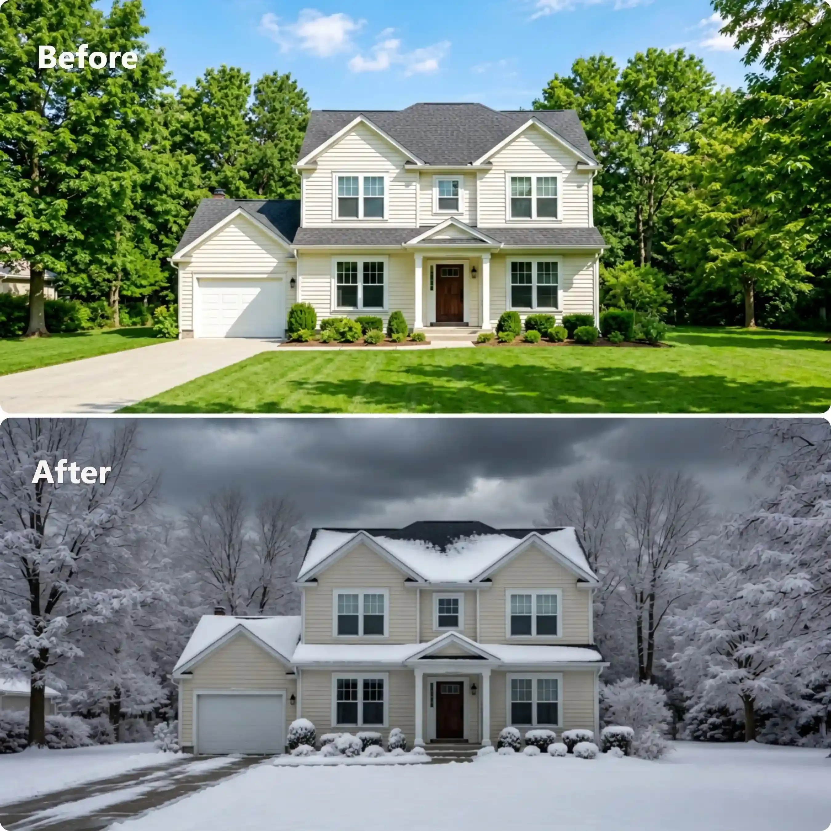 Before and after example of Grok imagine edit image prompt example: transforming a suburban house from a sunny summer environment to a snow-covered winter scene.