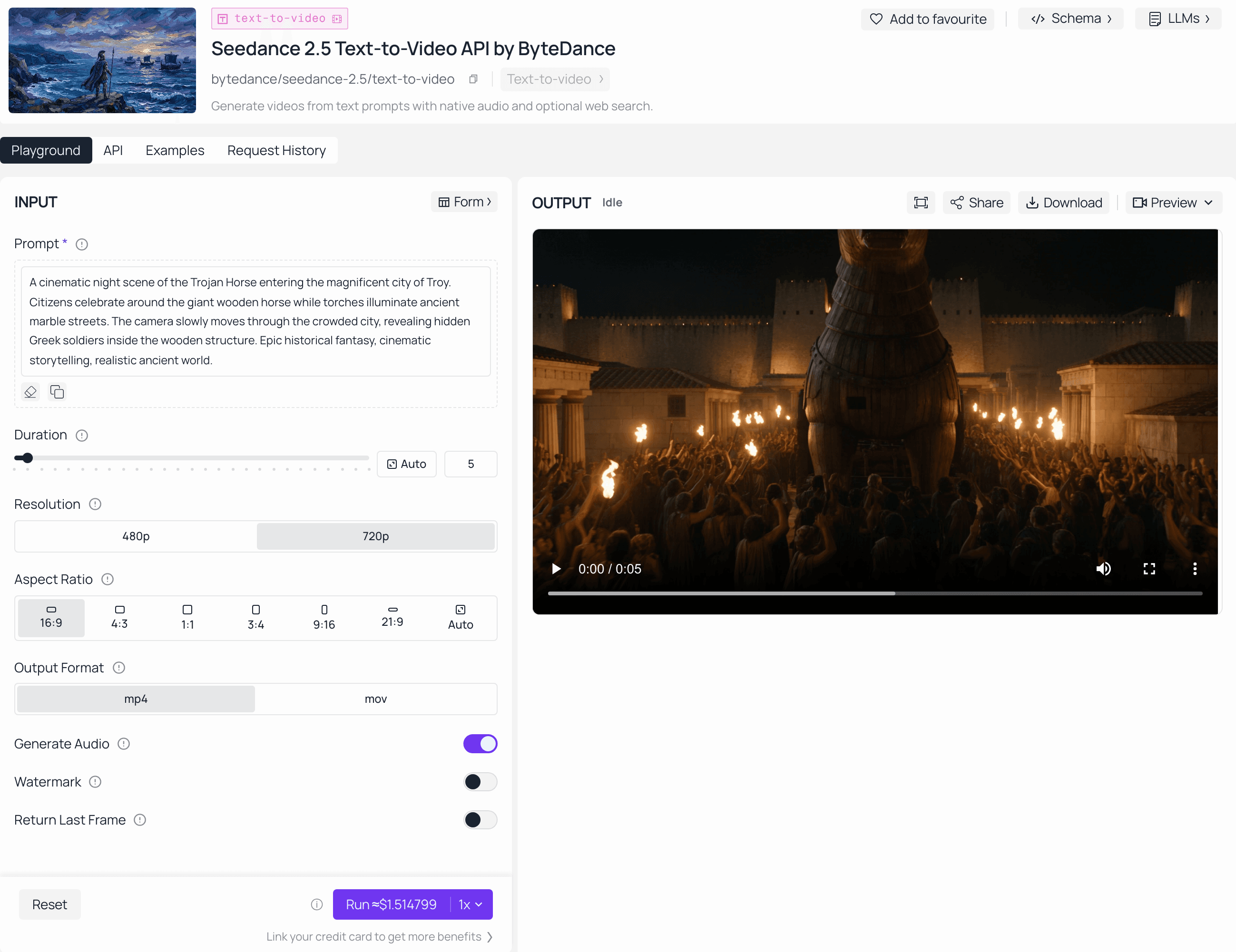 Página do modelo de texto para vídeo Seedance 2.5 no Atlas Cloud — um prompt à esquerda, o vídeo gerado à direita
