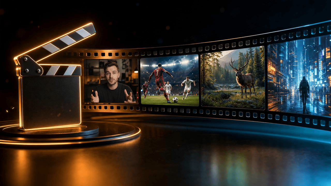 A glowing clapperboard and film strip with video clips of a man, soccer game, deer, and cityscape