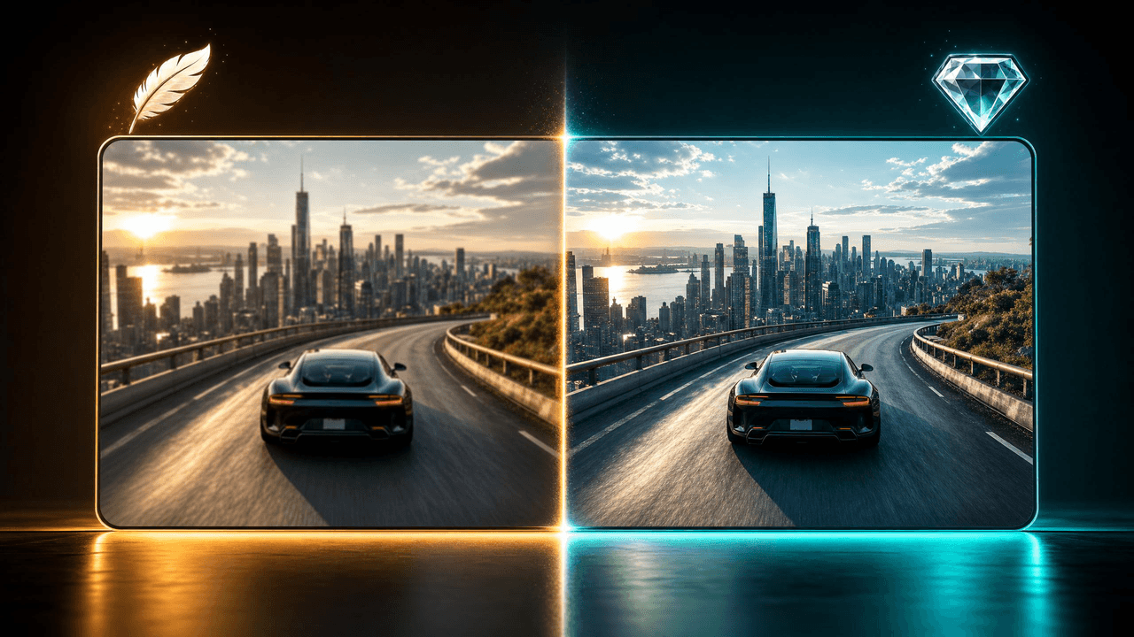 Black car on highway with city skyline at sunset split into gold and blue halves
