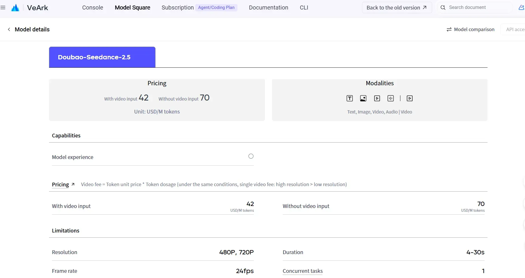 Doubao-Seedance-2.5 official API pricing rate card on VeArk showing token cost with and without video input