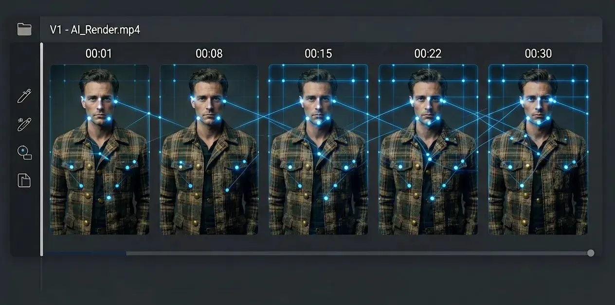 视频编辑器 UI 可视化,显示从 00:01 到 00:30 的 30 秒 AI 视频序列