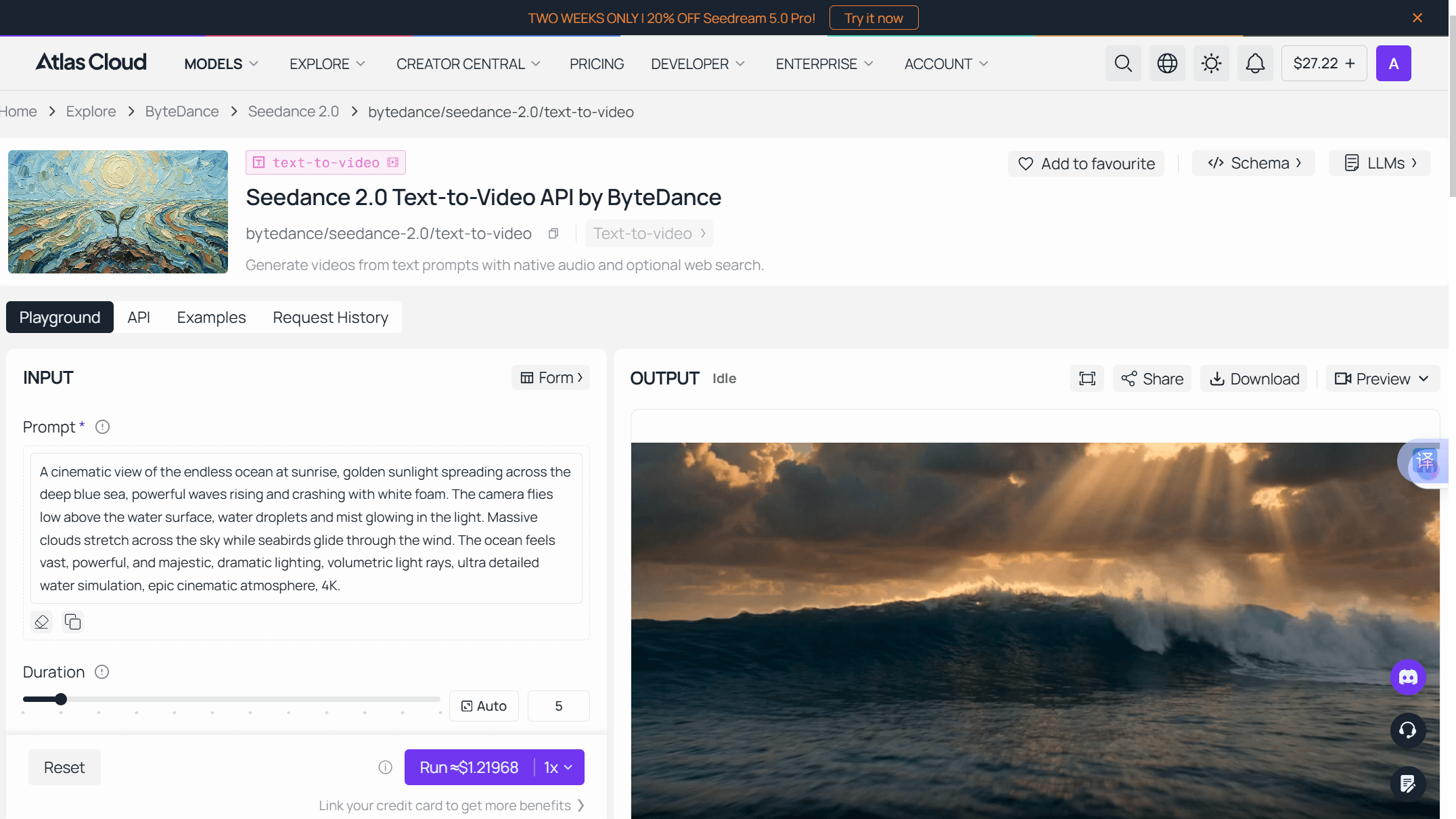 Atlas Cloud playground page for the Seedance 2.0 text-to-video endpoint, with a filled cinematic prompt, duration set to Auto, resolution set to 720p, a 16:9 aspect ratio, toggles for generated audio and watermark, and a Run button showing the estimated cost of the job.