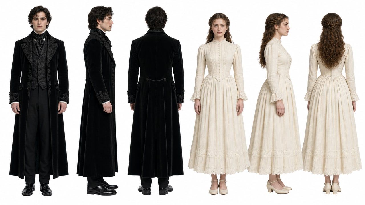 Front, side, and back views of Victorian black and cream outfits