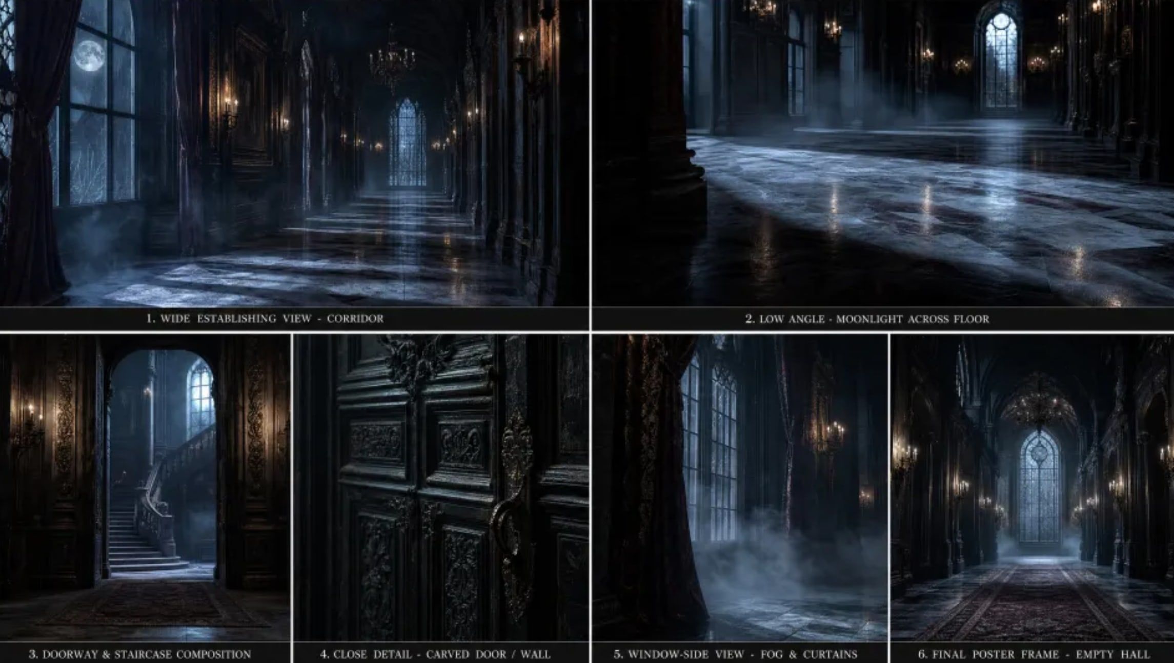 Six storyboard panels of dark gothic castle interiors with moonlight