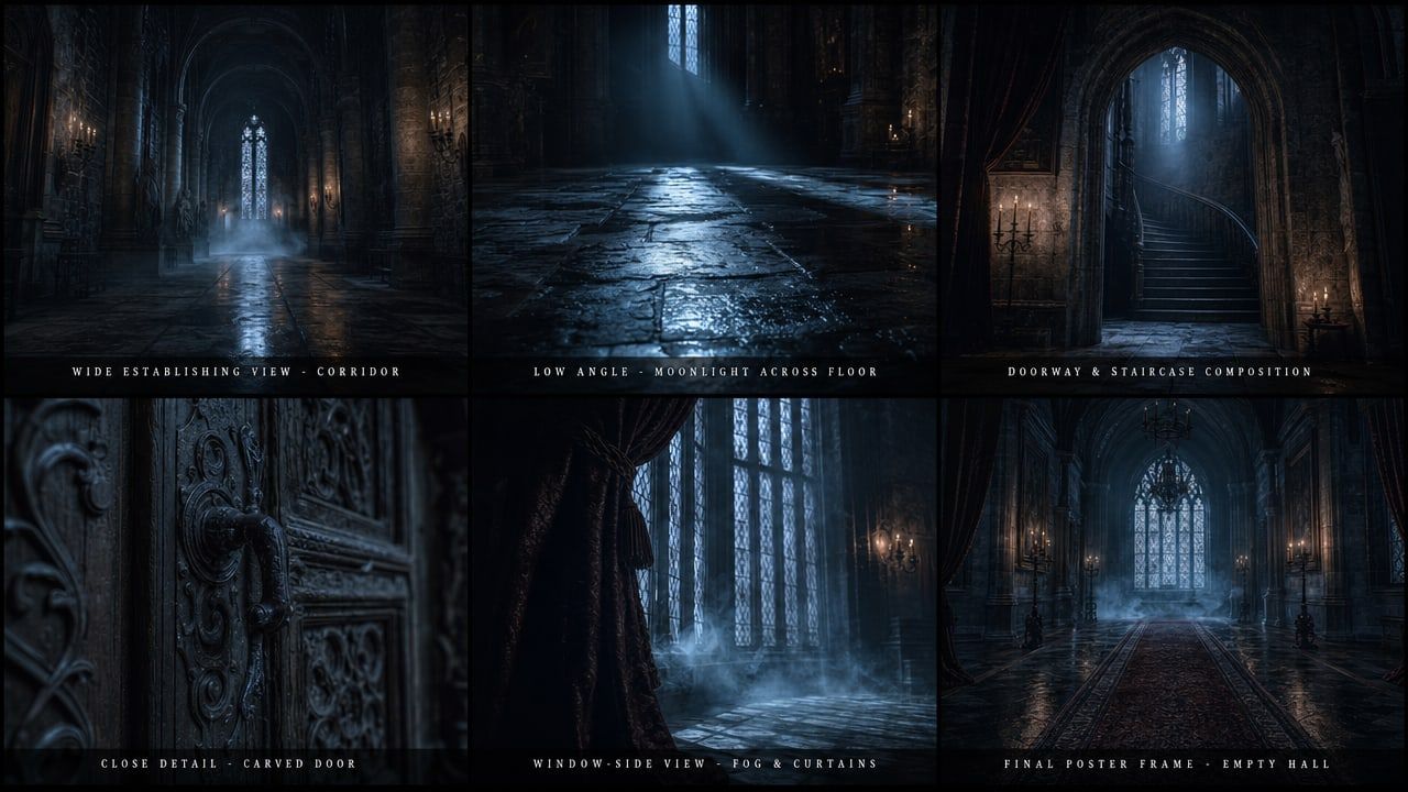 Six cinematic camera angles of a dark gothic castle interior