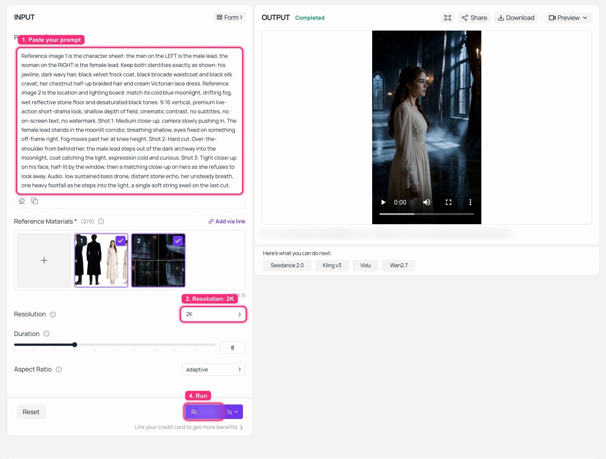 AI video generator interface showing text prompt and completed video preview