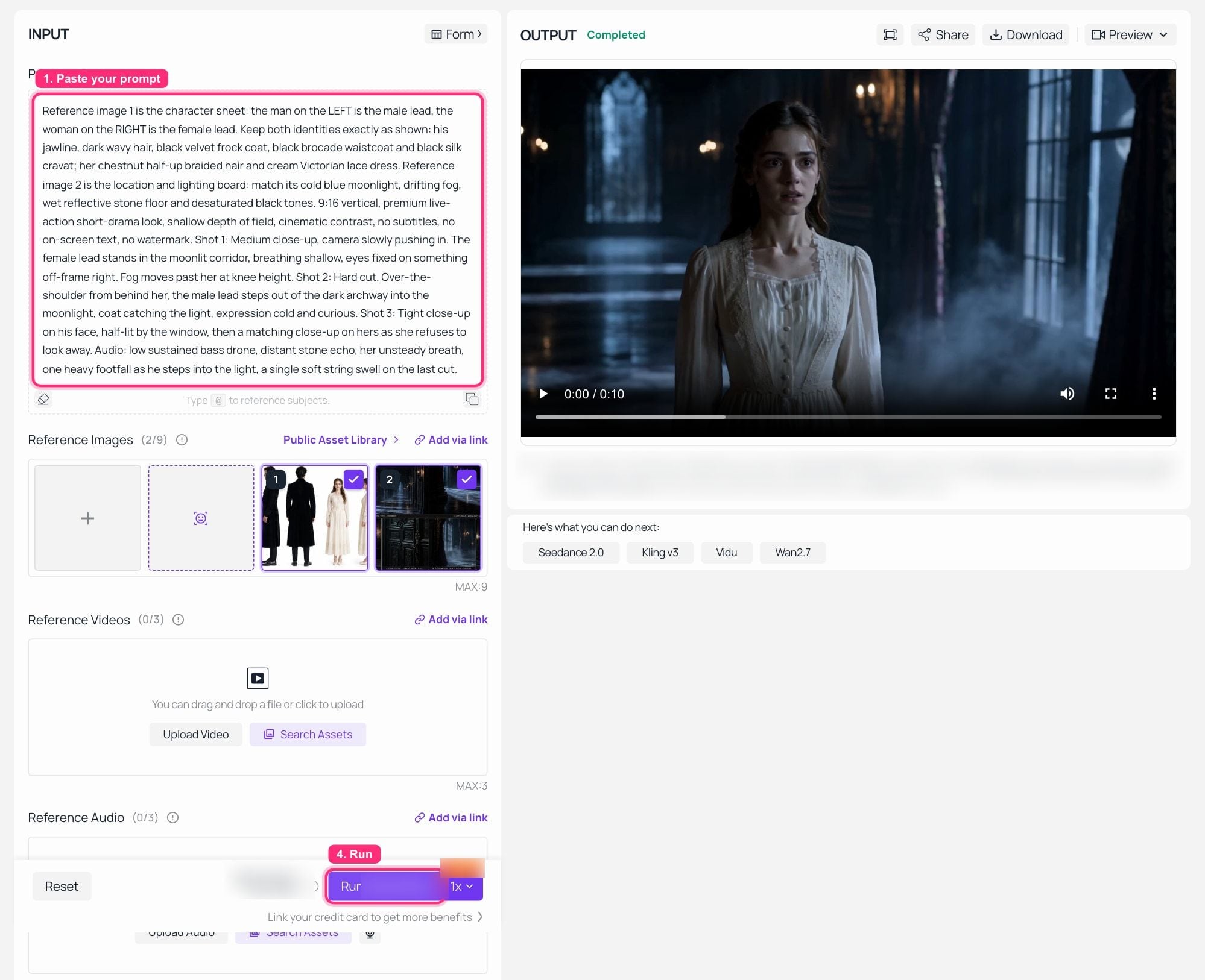 AI video generation interface showing a text prompt and completed video