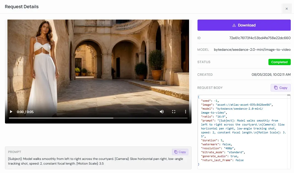 Atlas Cloud API Request Details for Seedance 2.0 Mini Image to Video