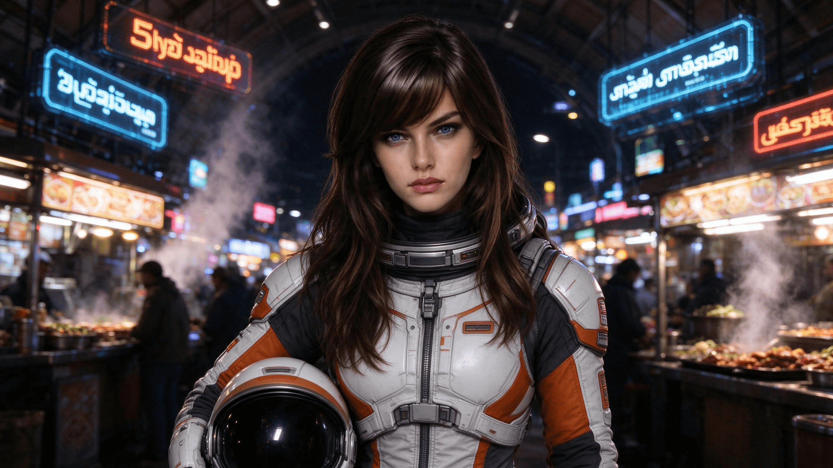 A woman astronaut in a white and orange EVA suit holds her helmet at a neon-lit night market inside a Mars colony dome, generated with Seedream 5.0 Flash Edit from one reference portrait in 27.9 seconds.