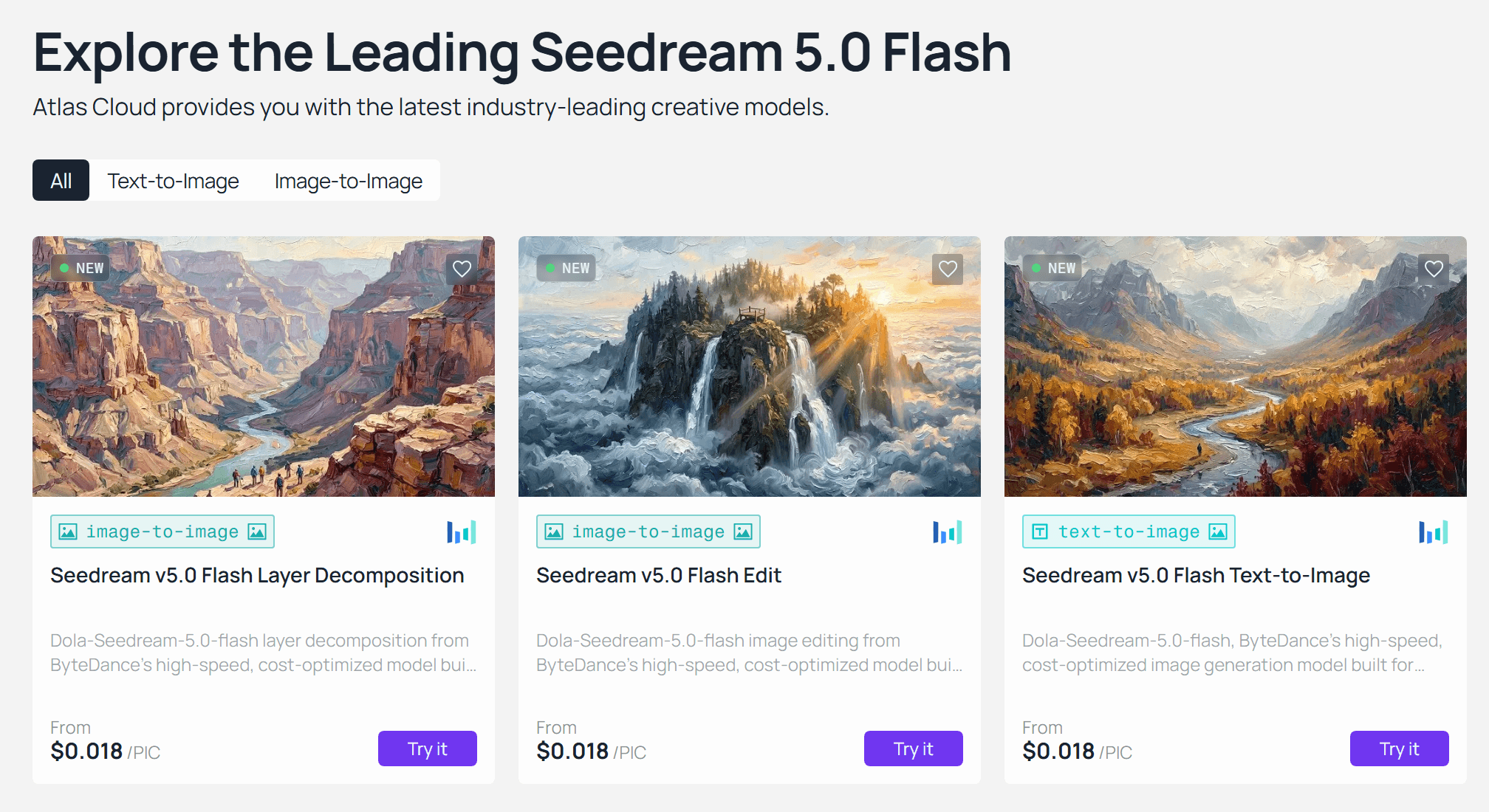 The Seedream 5.0 Flash family page on Atlas Cloud with three endpoint cards: Layer Decomposition, Edit, and Text-to-Image, each marked New.