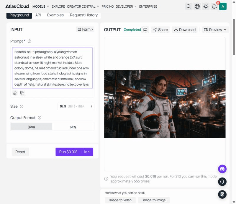 The Seedream 5.0 Flash playground on Atlas Cloud with a completed Mars night-market astronaut image, the prompt box, the 2816×1584 size preset, and the Run button visible.