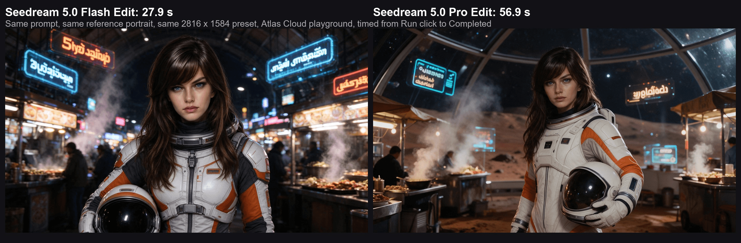 Side-by-side comparison of the Mars night-market astronaut prompt from the same reference portrait, Seedream 5.0 Flash Edit on the left at 27.9 seconds and Seedream 5.0 Pro Edit on the right at 56.9 seconds, both at 2816×1584.