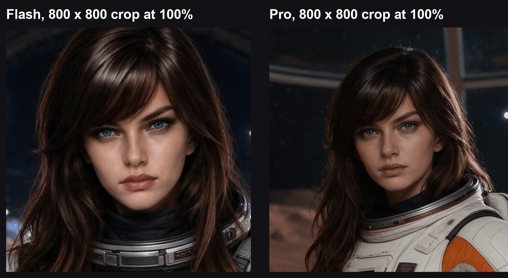 Two 800 by 800 pixel crops at 100 percent from the Mars astronaut renders built from the same reference portrait, Seedream 5.0 Flash Edit on the left and Seedream 5.0 Pro Edit on the right, showing skin texture, hair, and suit detail.