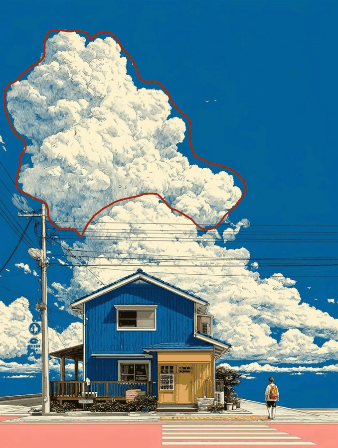 Anime illustration of a blue house under a massive cumulus cloud