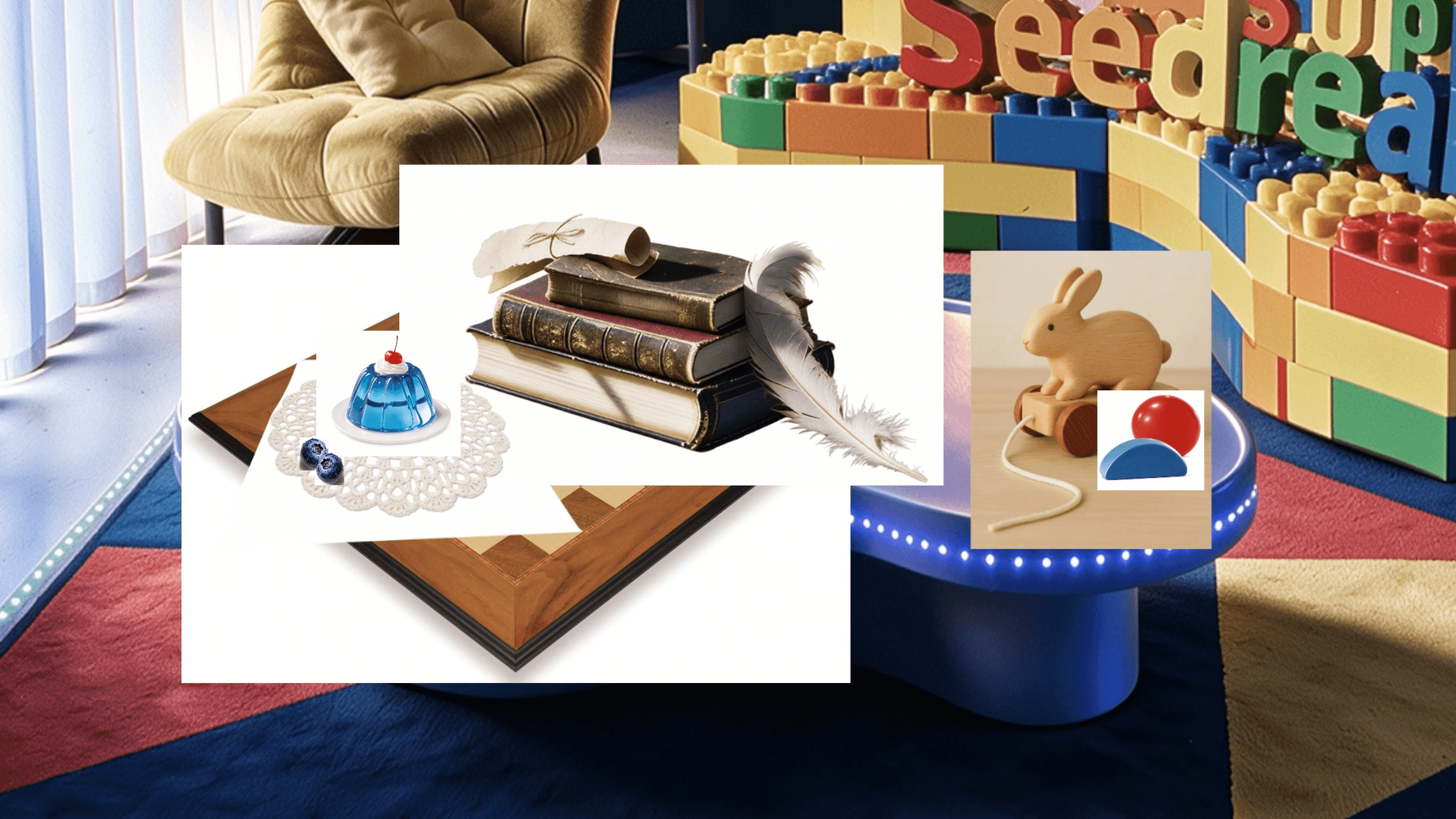 Collage of books, toys, and a blue dessert over a playroom background