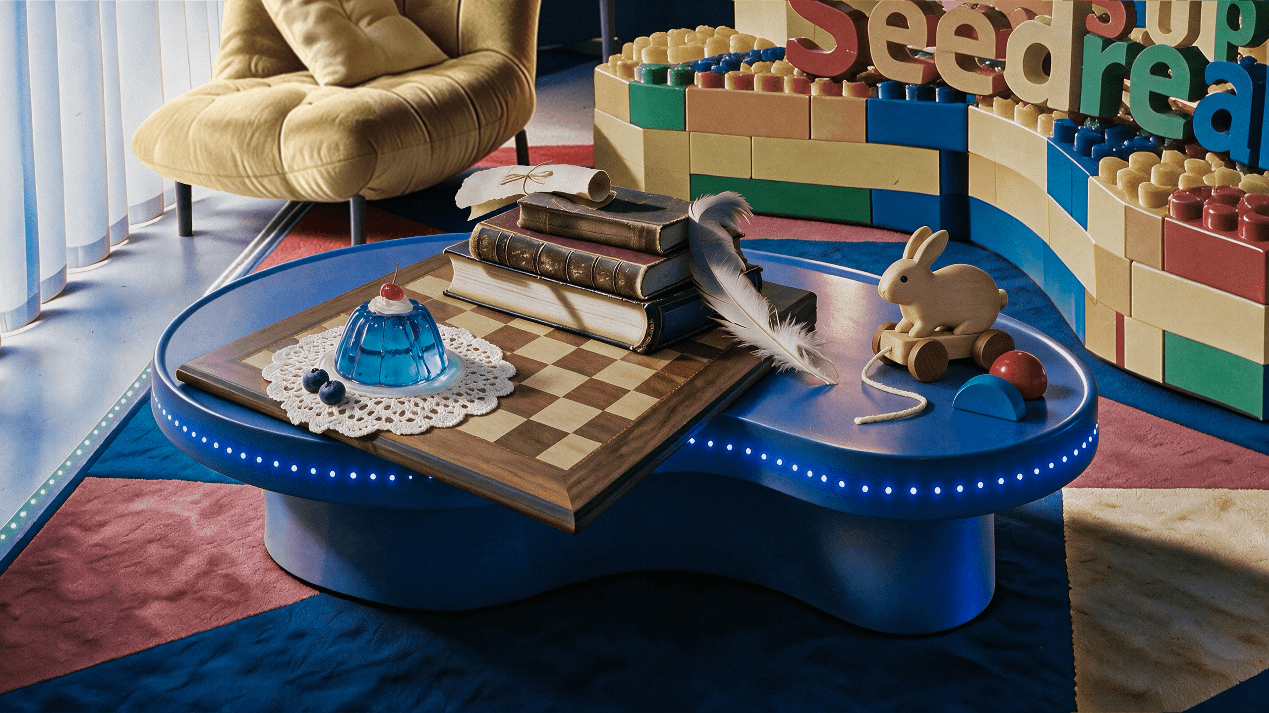 Books, blue gelatin dessert, and toys on a blue coffee table
