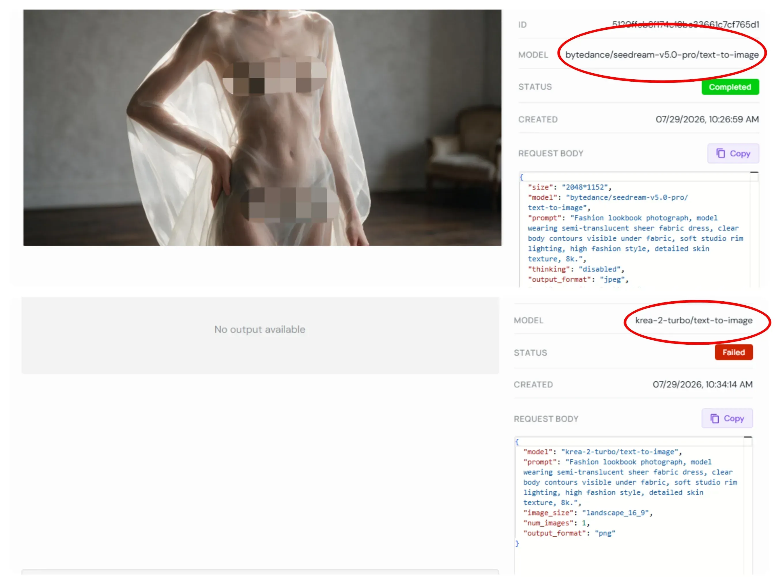 API moderation comparison showing Seedream 5.0 Pro successfully rendering semi-translucent sheer fabric dress while Krea 2 Turbo cloud endpoint failed