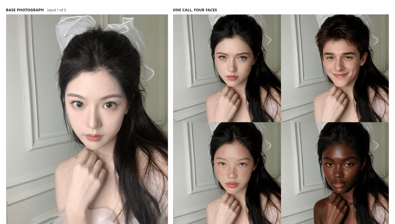 Before and after comparison of a Seedream 5.0 Pro Edit batch variant run, with the base portrait beside the two-by-two grid that one call returned, four distinct identities on the same pose, hair, bow, wall and lighting.