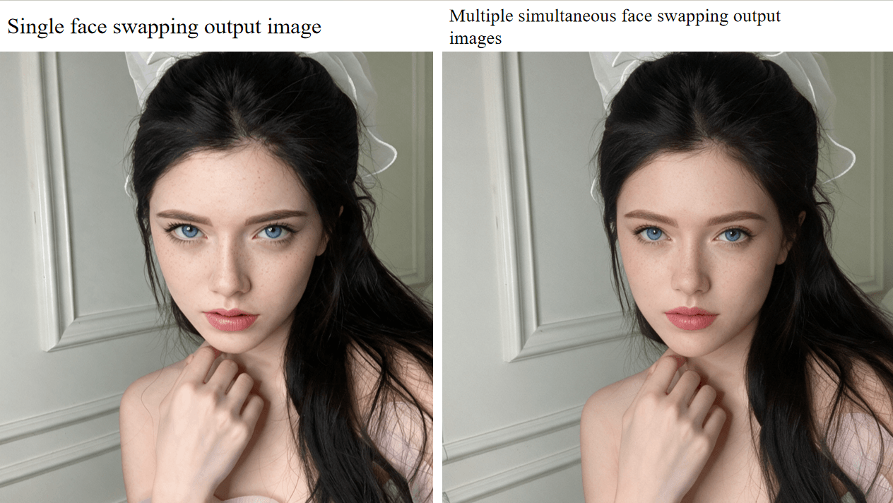 Output of a single-face Seedream 5.0 Pro Edit run on the same base photograph and the same donor as the grid's top-left panel, holding fine facial detail and the complete framing that the four-panel version crops away, and compare with multiple simultaneous output images.
