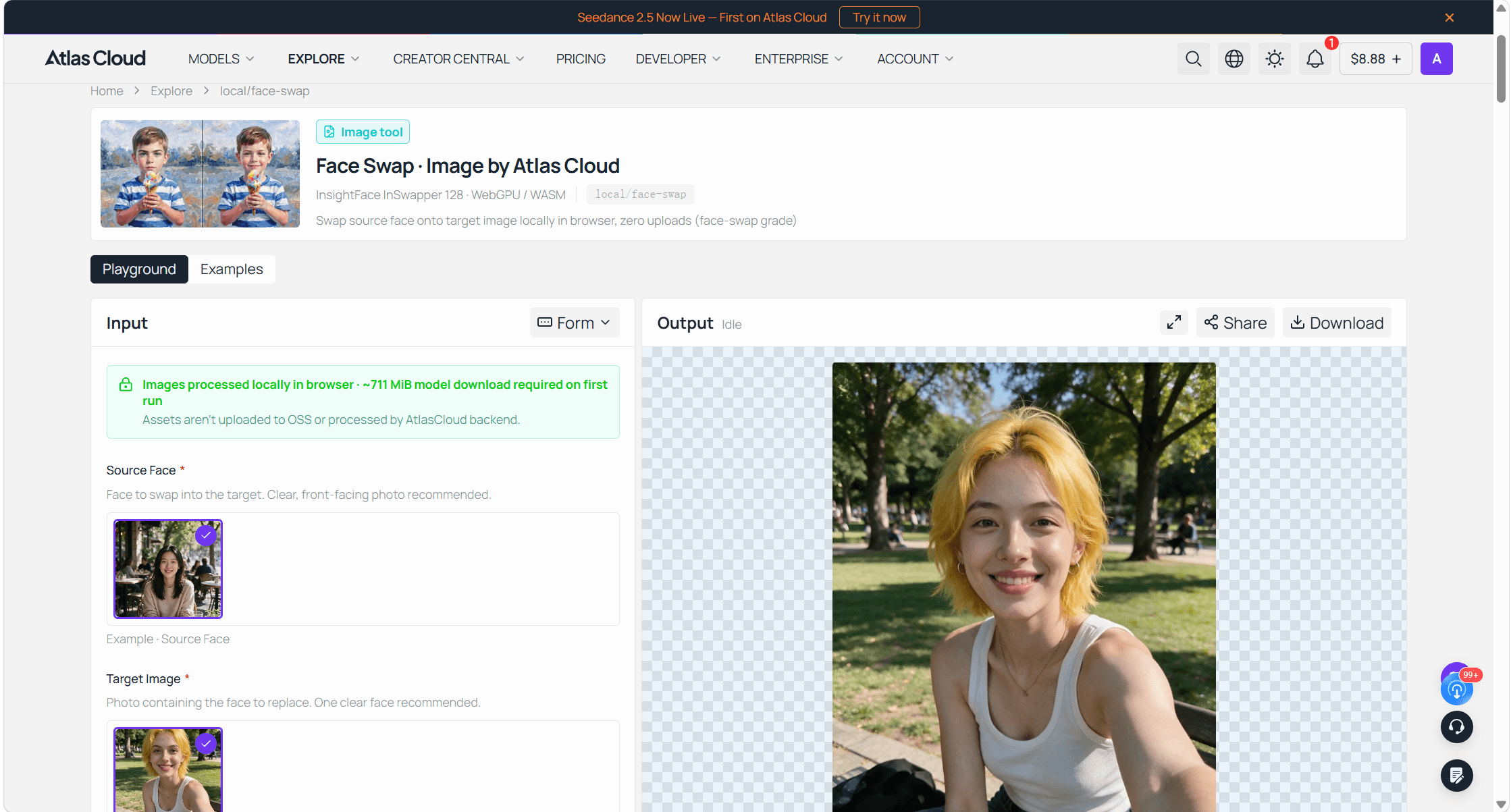 Atlas Cloud free AI face swap tool showing a source face, a sample photo from a batch set as the target photo, blend and feather sliders, and the swapped PNG preview used to audition a donor face before a paid batch run.