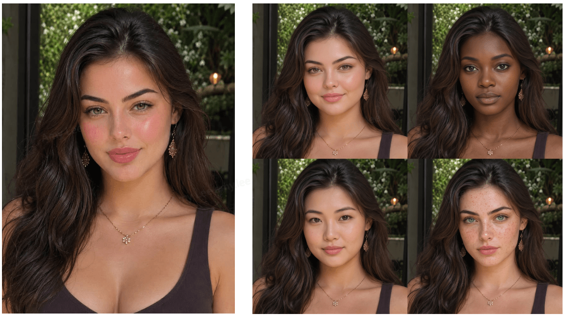 Grid of Atlas Cloud free AI face swap results built from separate passes on the same target photo, each panel carrying a different donor face while pose, framing, and lighting stay unchanged, the donor-face audition that comes before a paid batch face swap run.