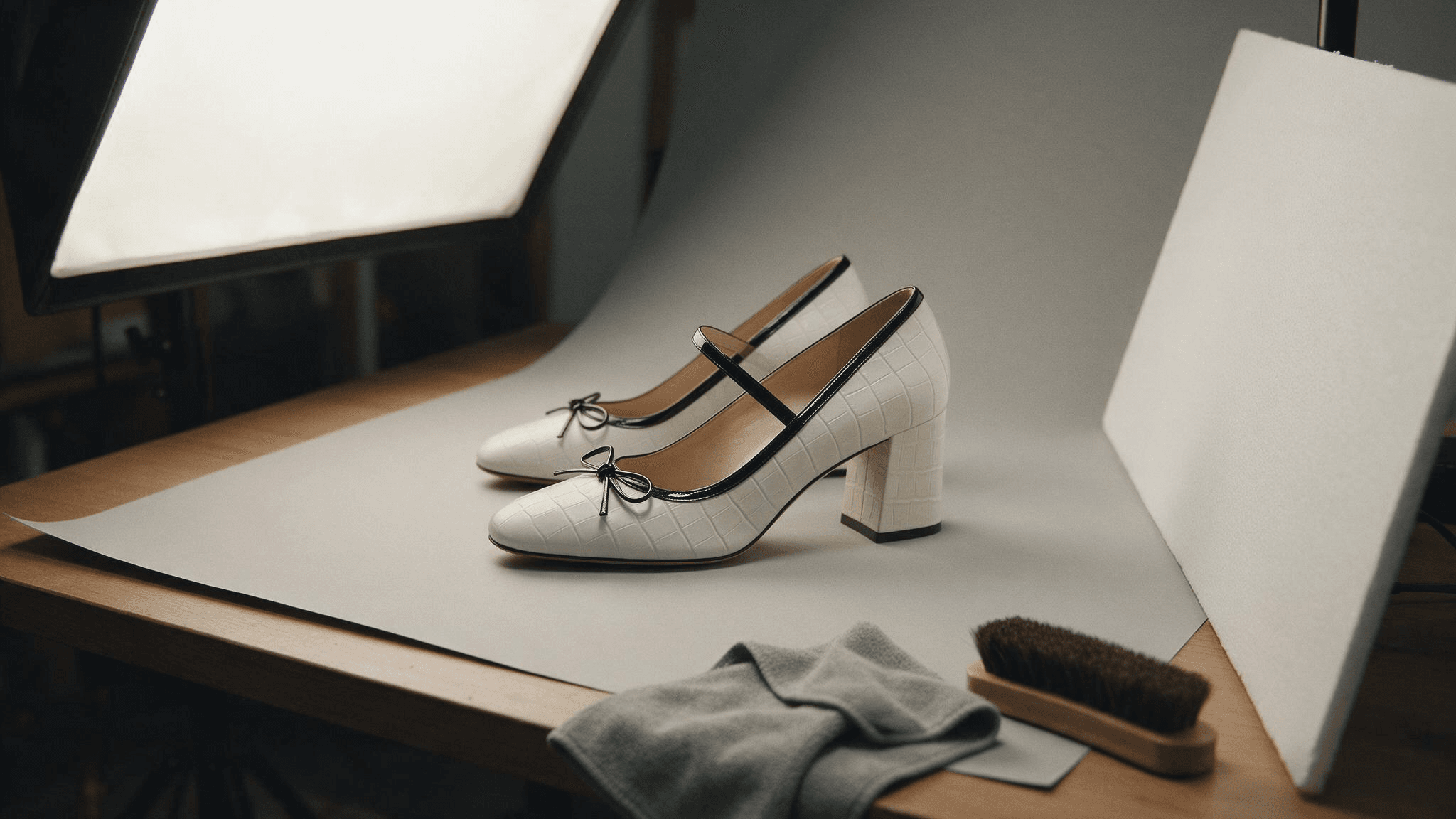 Shoe photography setup on a studio table: a pair of white croc-embossed block-heel pumps with black patent bows on a light gray seamless paper sweep, a softbox glowing at upper left, a white foam board on the right, and a gray microfiber cloth and horsehair shoe brush at the table edge