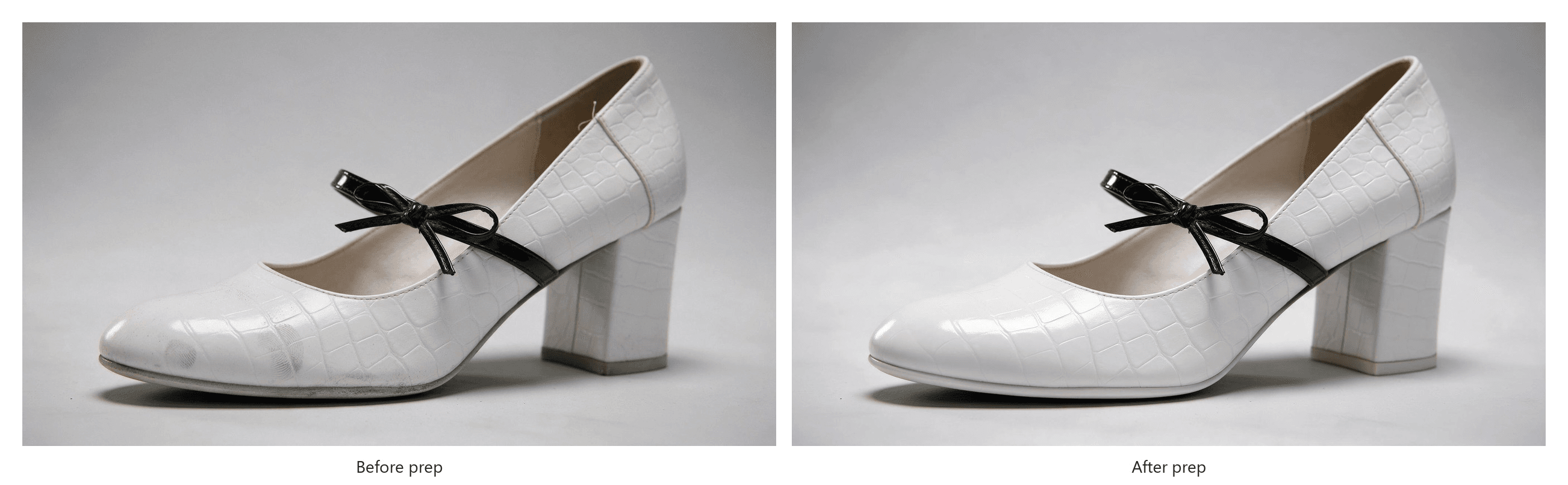 Before and after prep for shoe photography: the same white croc-effect block-heel pump on a gray background, on the left with fingerprints and dust on the toe, a scuffed sole edge and a crooked bow, on the right wiped clean with the strap fastened flat and the bow centered
