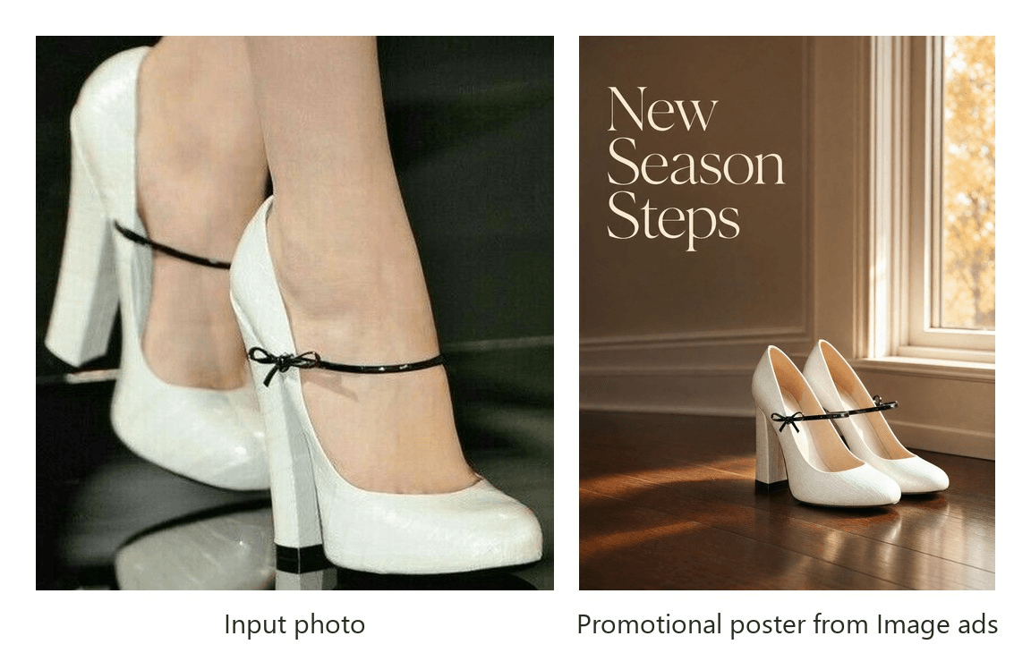 Before and after AI shoe photography: on the left the input photo of a white croc-effect block-heel pump with a black bow worn on a model's feet, on the right the promotional poster Image ads built from it