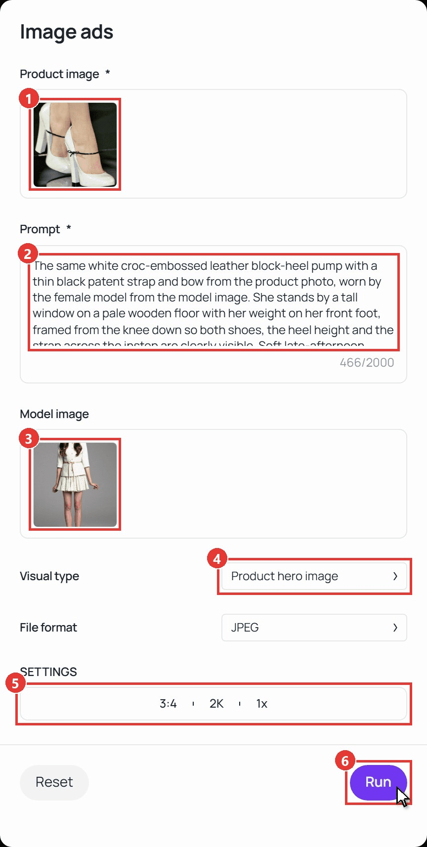 Image ads workflow on Atlas Cloud with numbered red boxes on Product image, Prompt, Model image, Visual type and SETTINGS, and the cursor on the Run button