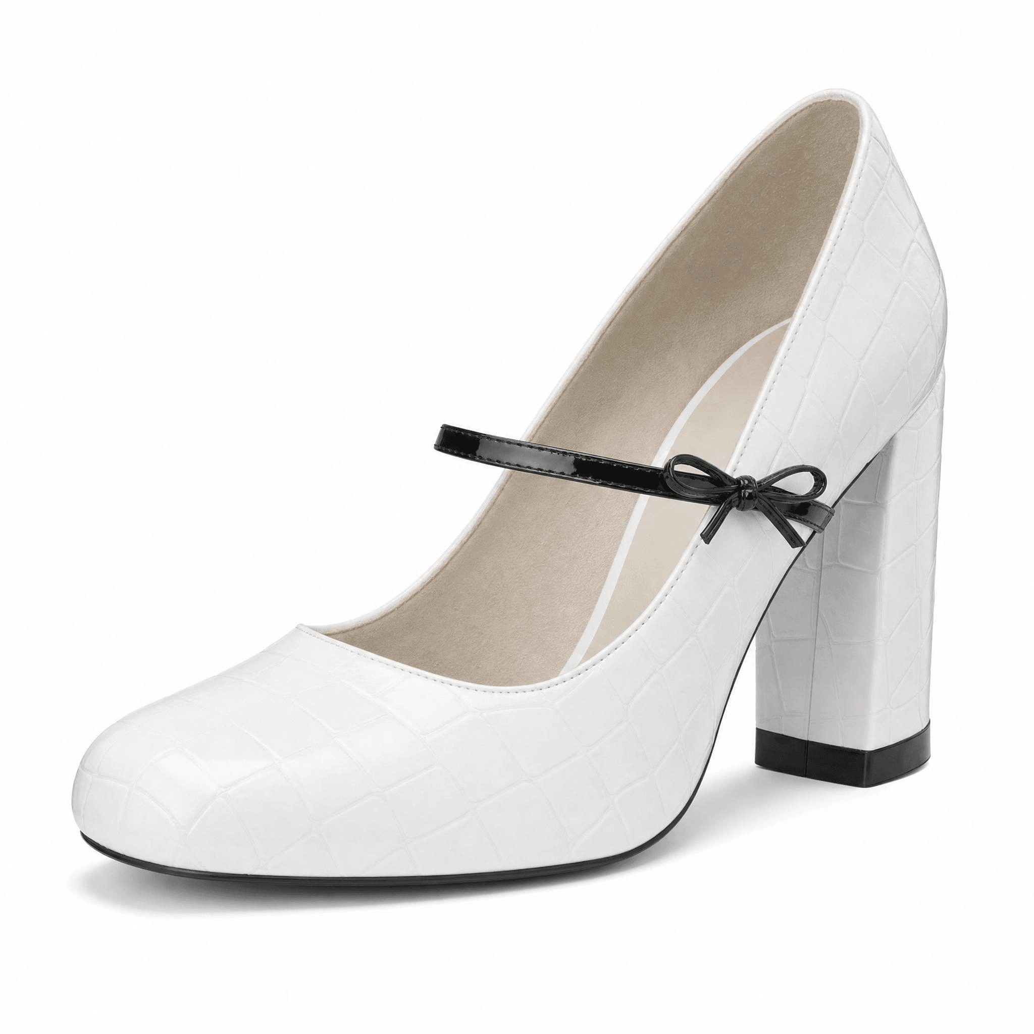 White background shoe photography main image built by Image ads: a single white croc-effect block-heel pump with a black patent strap and bow, facing left at a 45-degree angle on pure white