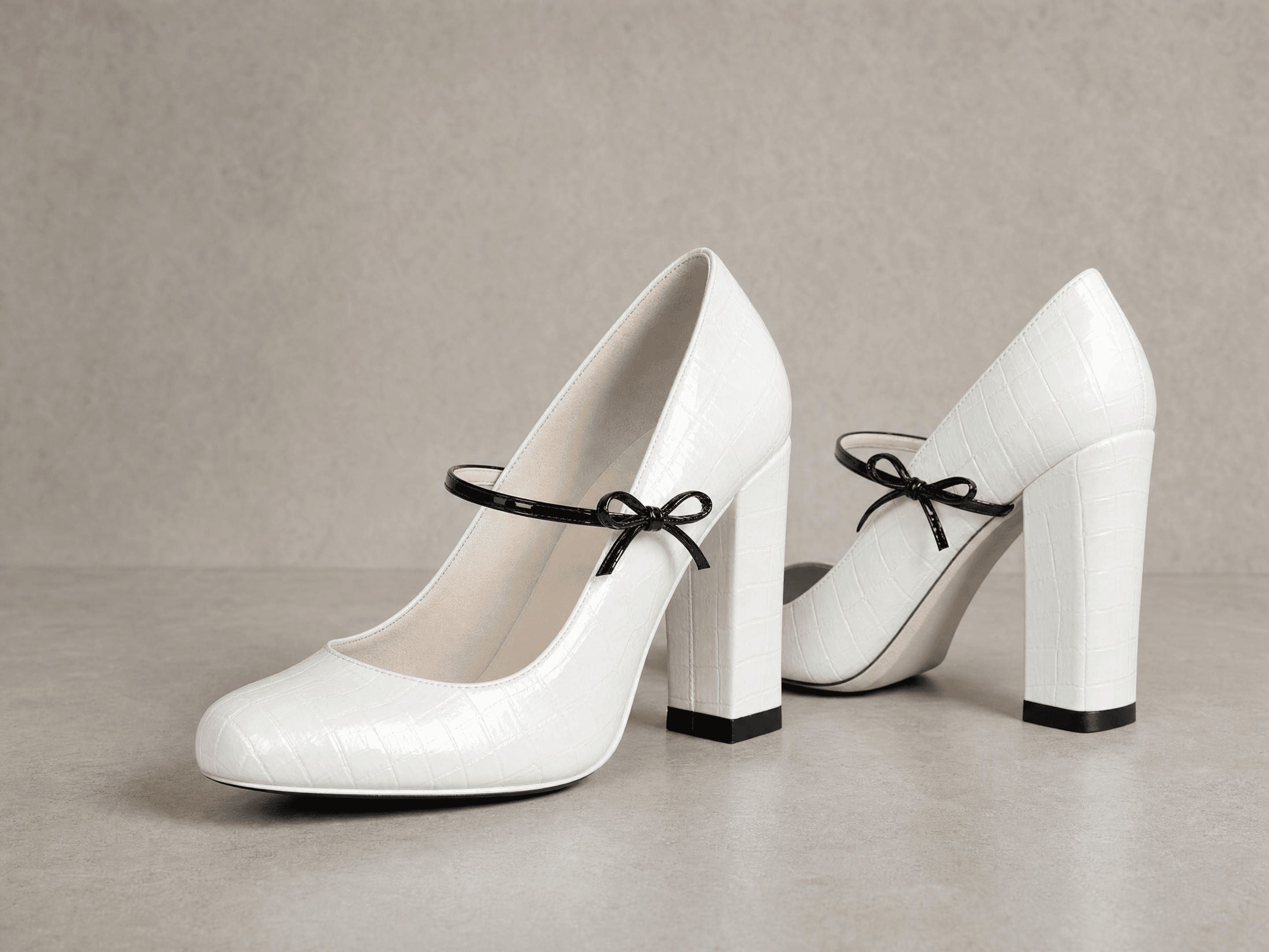Three-quarter shoe photography of a pair of white croc-effect block-heel pumps with black bows, the front shoe facing left at 45 degrees and the second shoe half a step behind on a light gray concrete floor