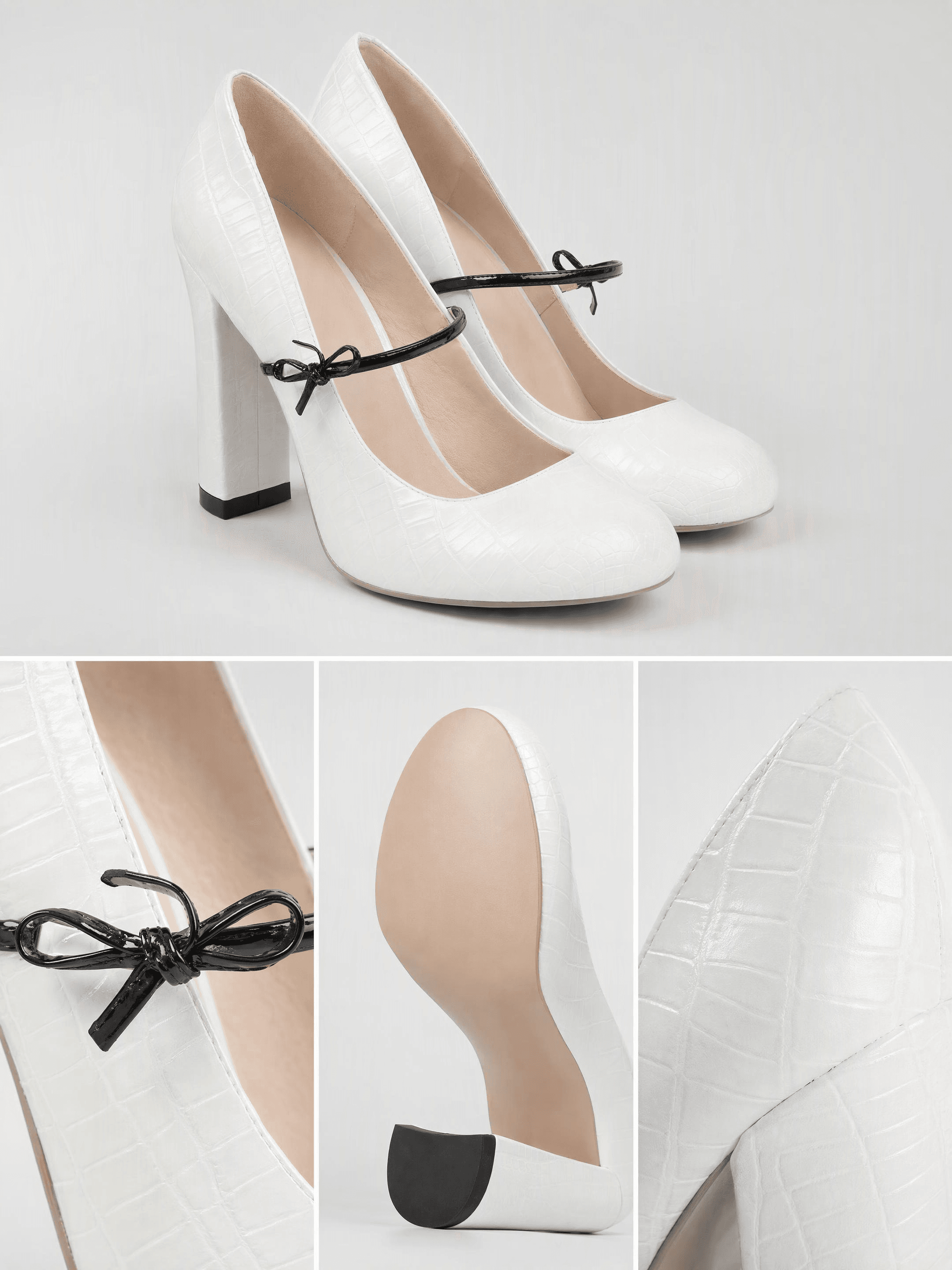 Product detail page for white croc-effect block-heel pumps built by Image ads: the pair in three-quarter view on top, and below it close-ups of the black patent bow, the leather sole with its black heel tip, and the croc grain at the heel