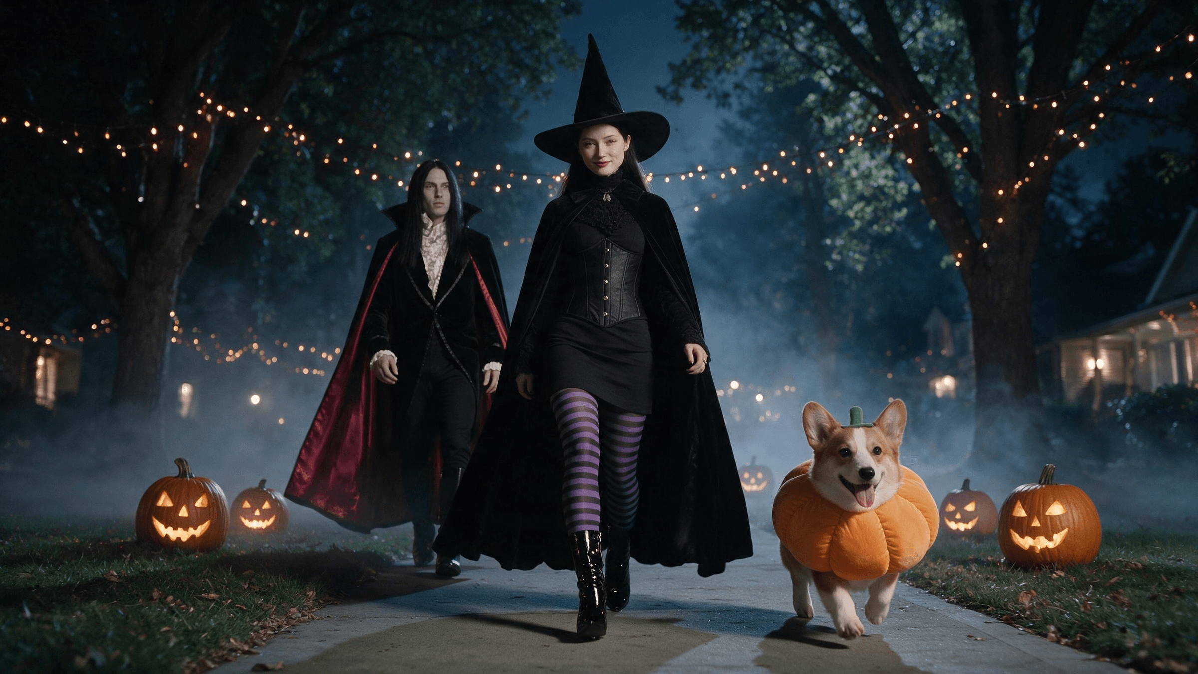 Ramalama costume walk AI hero image shot from a low angle, with a witch in striped stockings and pointed boots walking toward the camera, a long-haired vampire in a crimson-lined cape behind her and a corgi in a pumpkin costume on a jack-o'-lantern path
