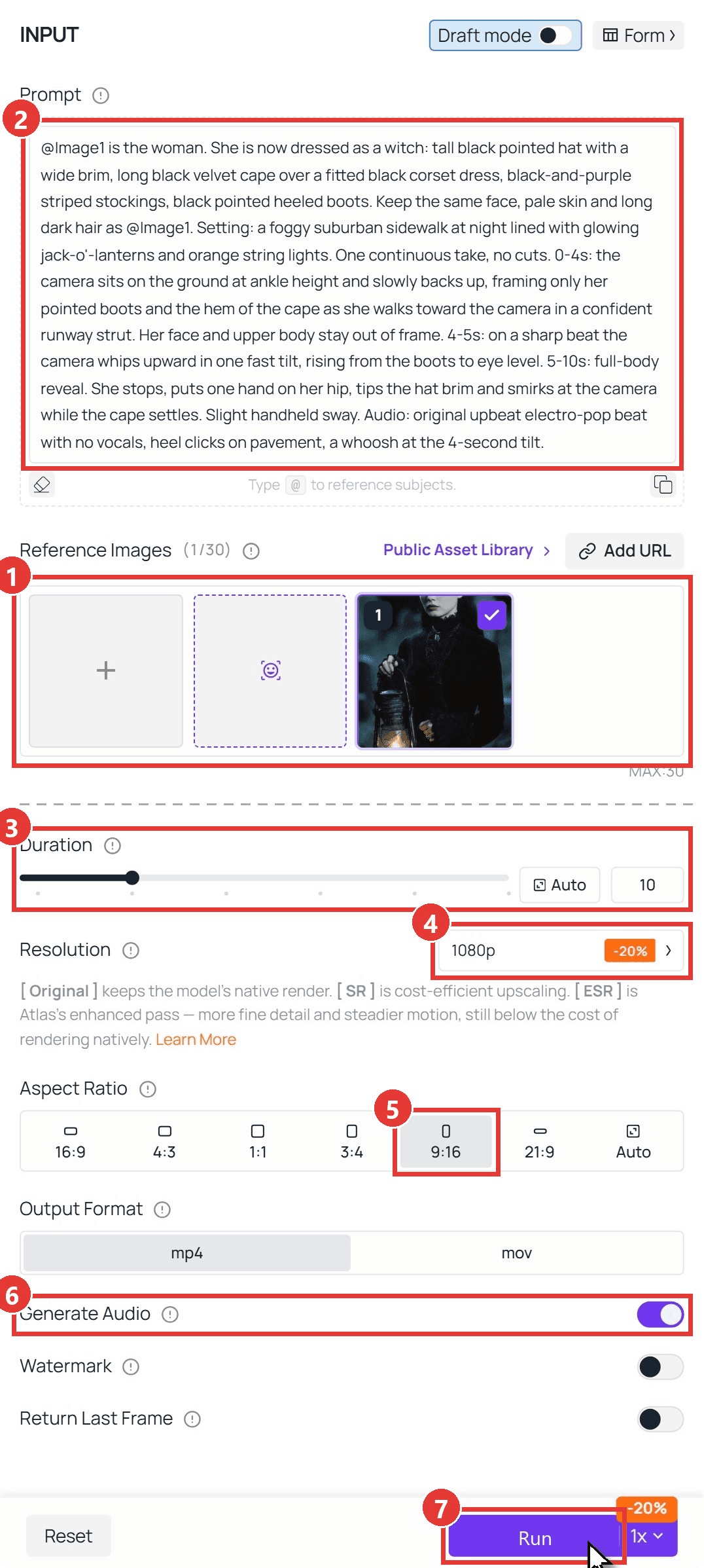 amalama costume walk AI steps in the Seedance 2.5 playground: a portrait in Reference Images, the witch prompt, a 10-second duration, 1080p, the 9:16 aspect ratio, Generate Audio on and the cursor on Run