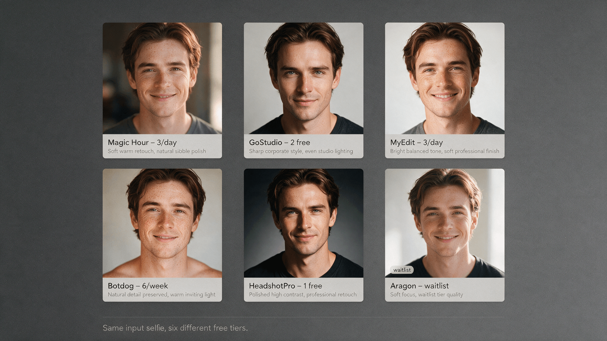 Editorial illustration for a free AI headshot generator comparison, showing nine free-tier selfie inputs beside a single professional headshot output.