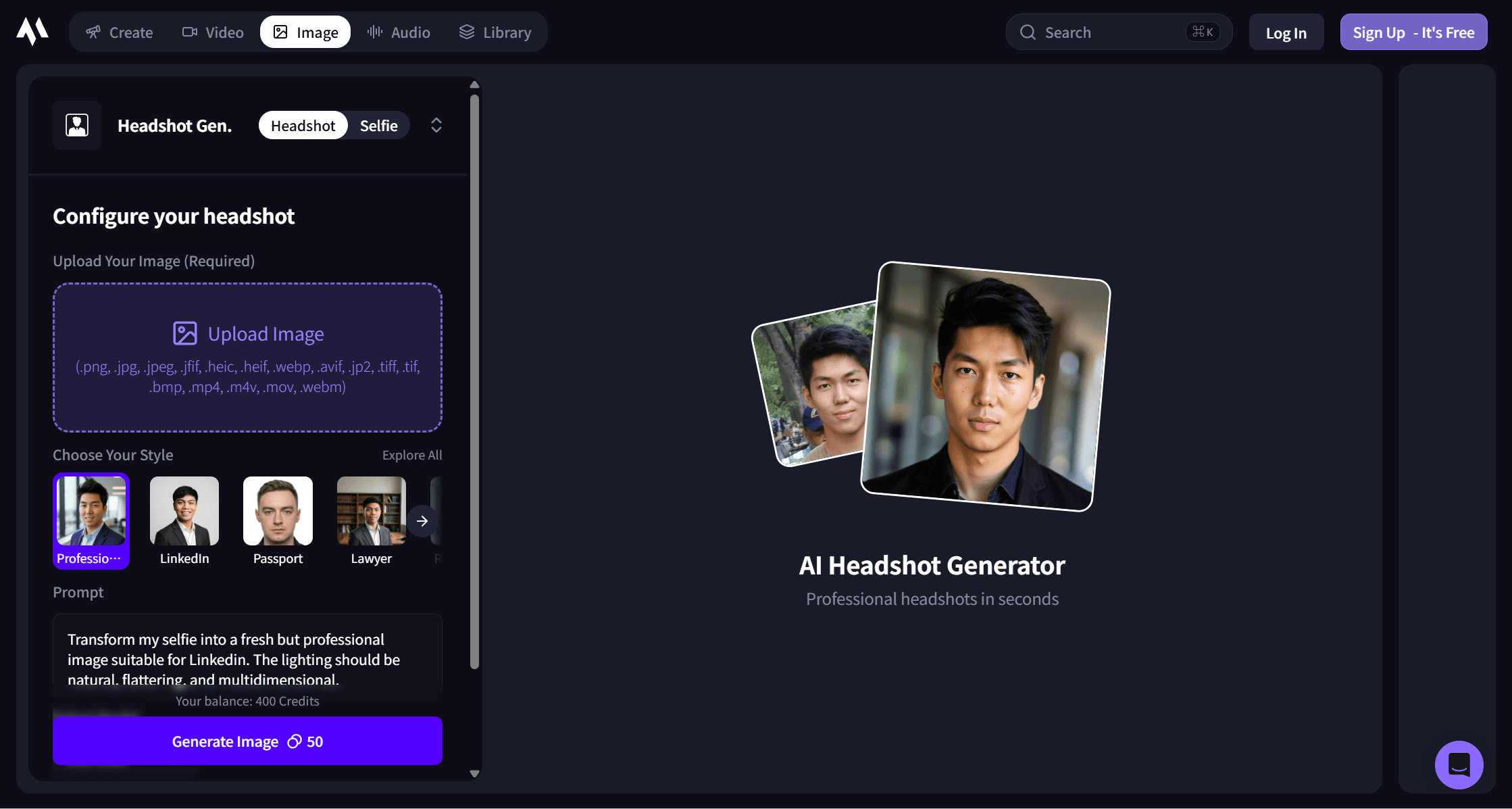 Magic Hour free AI headshot generator interface showing an uploaded selfie, the Professional style option, and a counter stating three free images remain today.