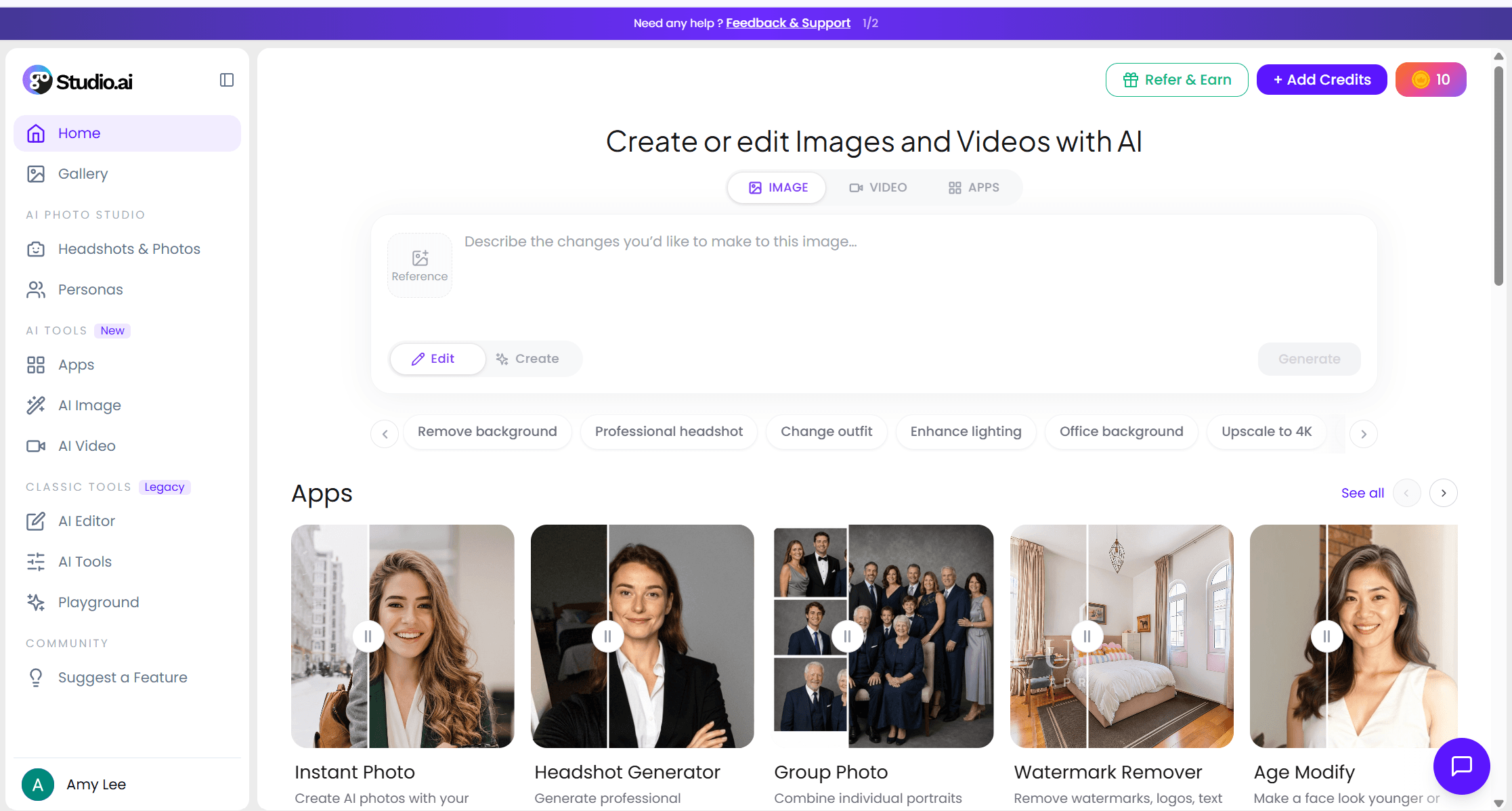 GoStudio free headshot style picker with LinkedIn, CEO, Resume and Realtor options and the signup credit balance visible.
