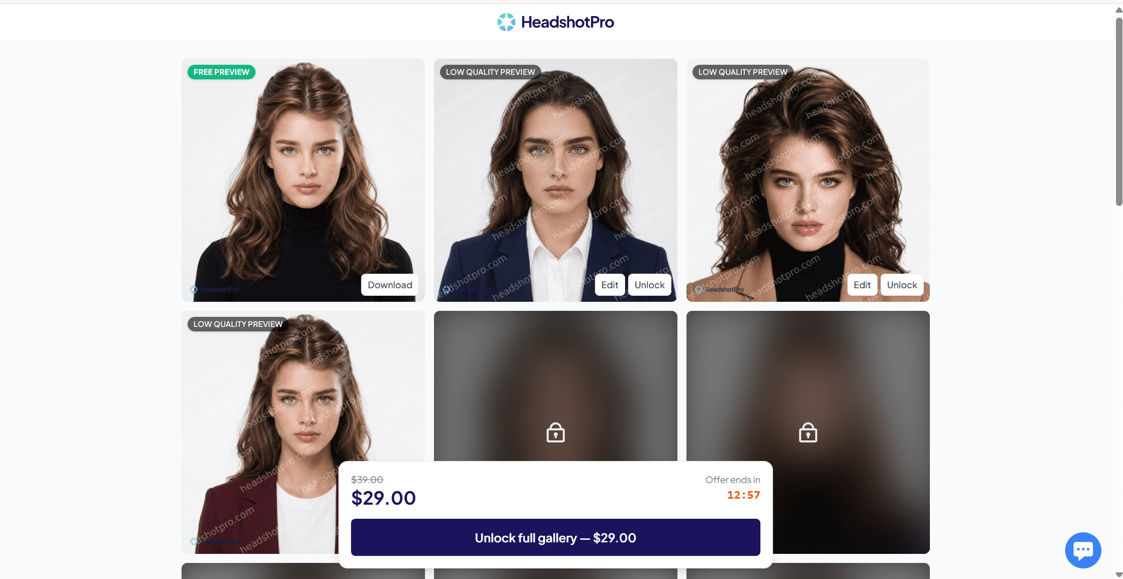 HeadshotPro free trial results page showing a single HD headshot available to keep alongside low-resolution previews and the paid unlock prompt.