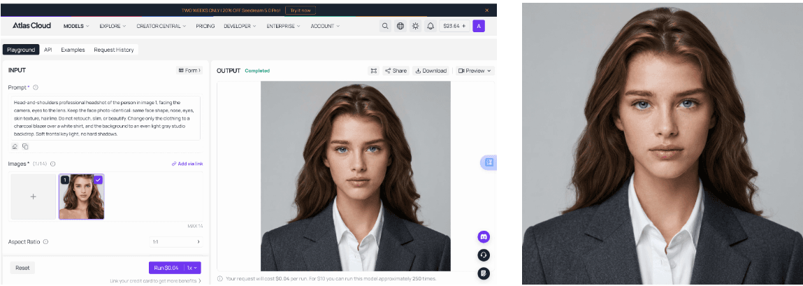 Atlas Cloud Nano Banana 2 Lite Edit playground showing a selfie upload, a professional headshot prompt, a 1:1 aspect ratio, and a $0.04 run quote.