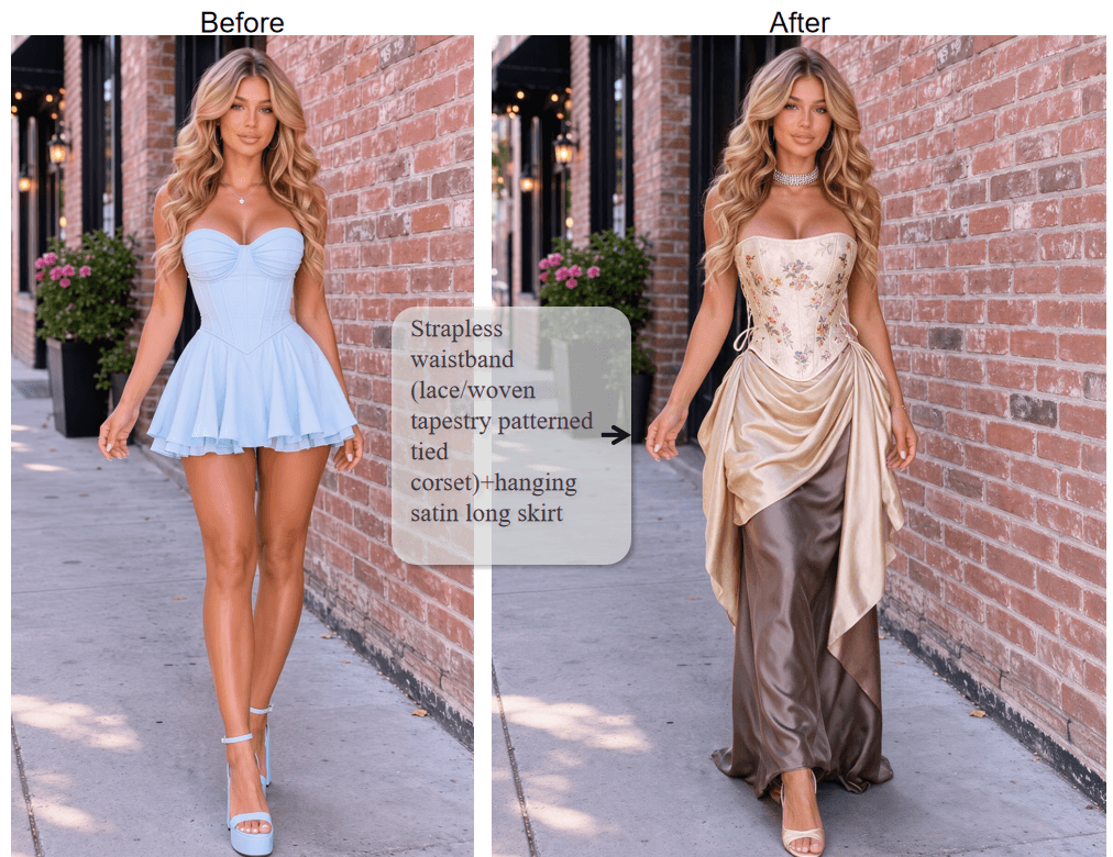Text-based AI outfit swap demo, a woman in a white t-shirt and jeans on the left, a prompt pill reading charcoal business suit in the middle, and the same woman wearing the described suit on the right