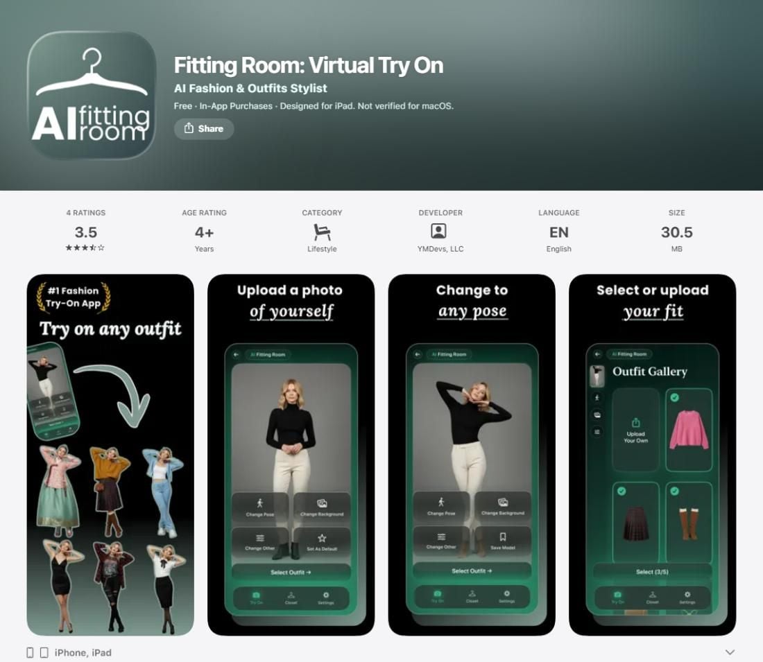 App Store listing for Fitting Room: Virtual Try On, showing the AI Fitting Room branding, a 3.5 rating from 4 reviews, and screenshots of the photo upload, pose change, and outfit gallery screens