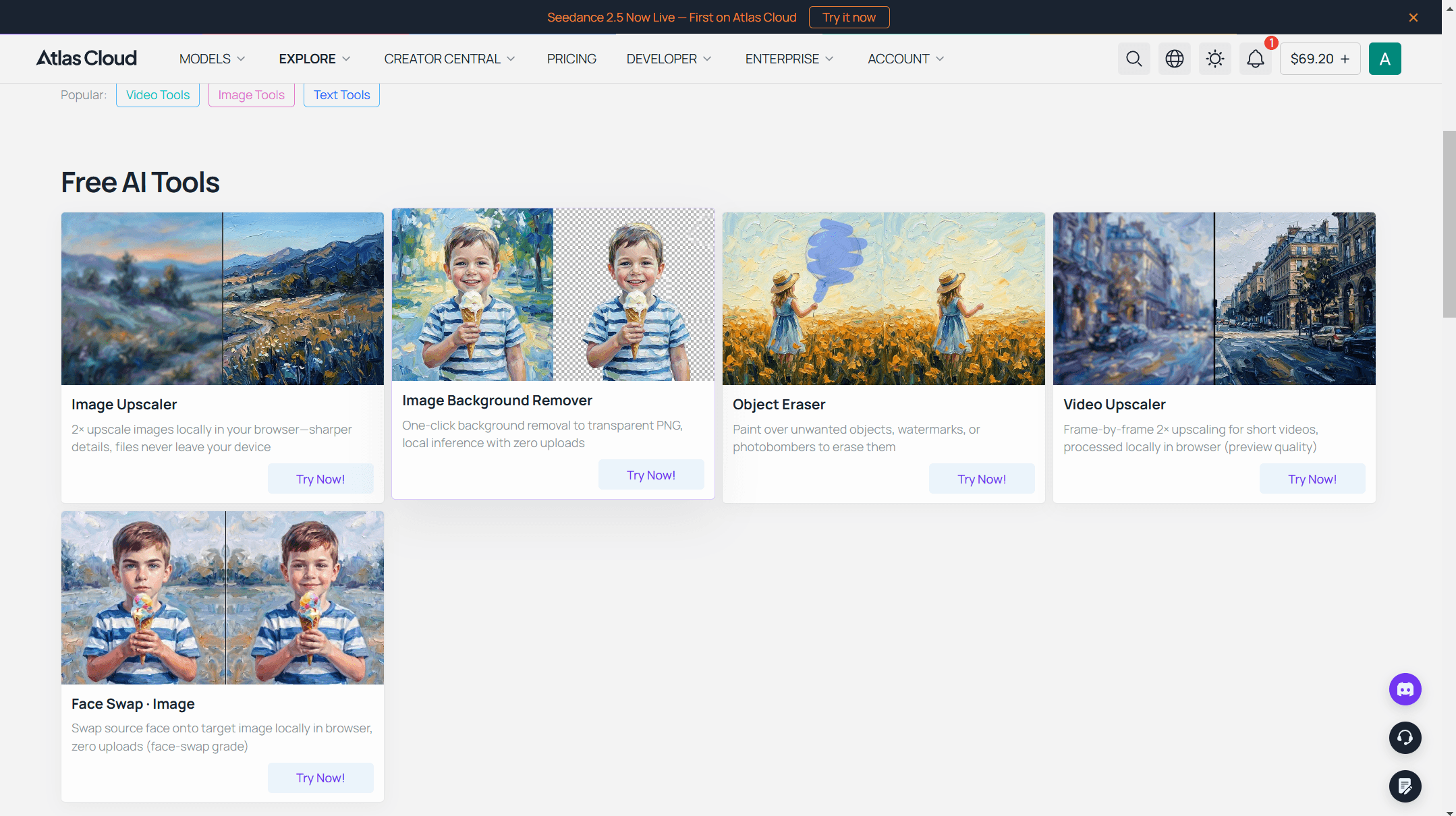 Grid of four free AI tools on Atlas Cloud that pair with a clothes changer workflow: image upscaler, background generator, image eraser, and video upscaler